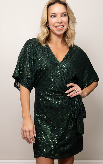 FAUX WRAP SEQUIN DRESS