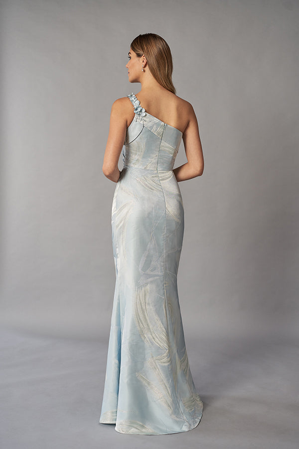 Elegant Frances Jacquard Fit and Flare Gown with Beaded One Shoulder and Folded Asymmetrical Band