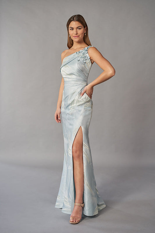 Elegant Frances Jacquard Fit and Flare Gown with Beaded One Shoulder and Folded Asymmetrical Band