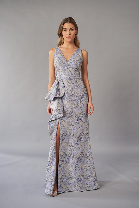 Stylish Florence Jacquard Fit and Flare Gown with Plunging V-Neckline and Fashion Forward Side Peplum