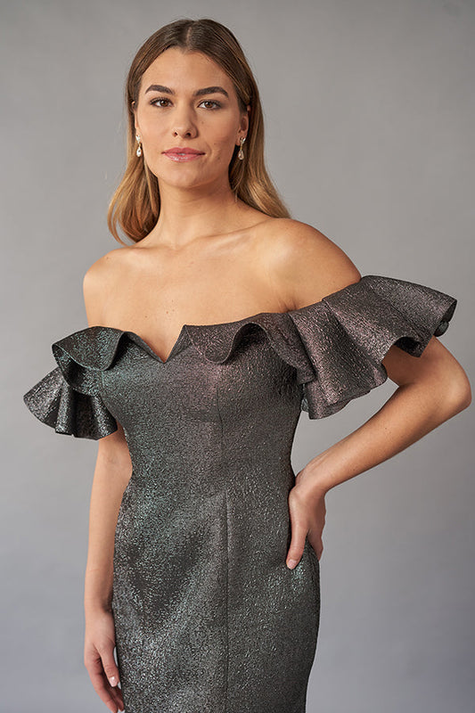 Gorgeous Fanny Metallic Jacquard Fit and Flare Gown with Off-The-Shoulder Ruffle Sleeves and Front V-Notch