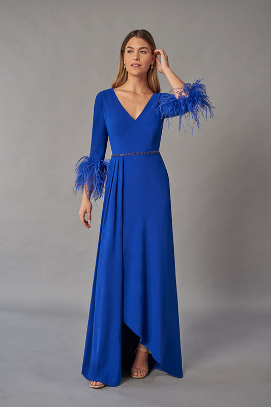 Exciting Soft Stretch Crepe A-line Gown with Feather Sleeves and High-Low Hemline