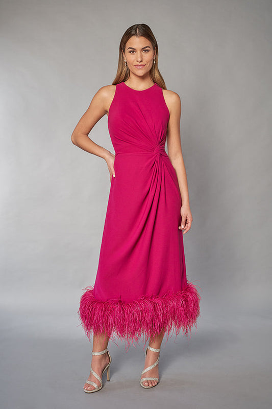 Memorable Stretch Soft Crepe Tea Length Gown with Accented Feather Hemline and Jewel Neckline