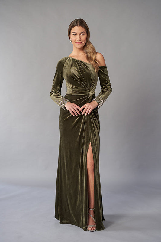 Luxurious Stretch Velvet Gown with Asymmetrical Neckline and Long Sleeves with Beaded Cuffs