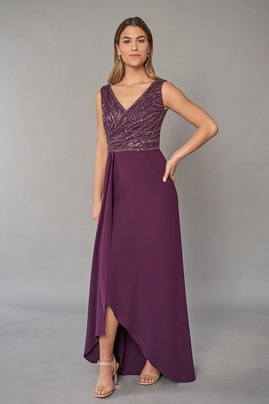 Stylish Sequin and Soft Crepe Gown with V-neckline and High-Low Skirt