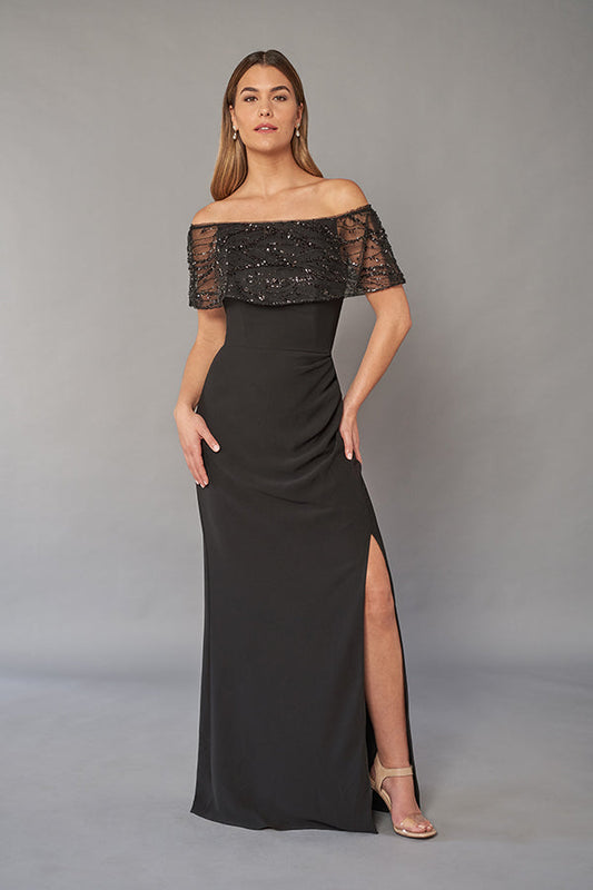 Impressive Sequin Lace and Soft Crepe Gown with Sparkly Portrait Neckline and Slimming Skirt