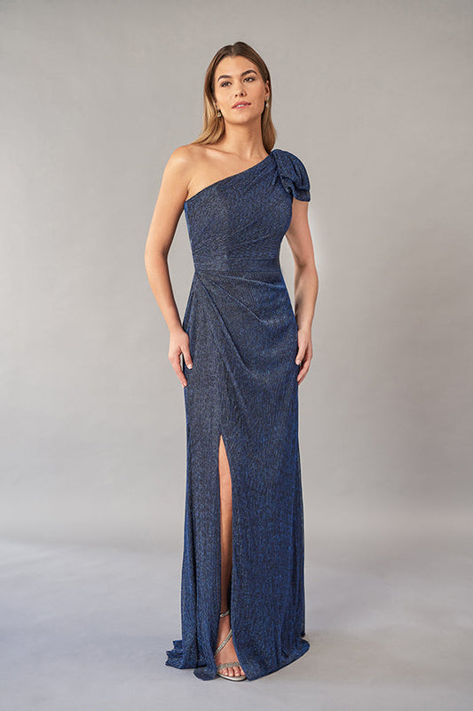 Glamorous Metallic Pleated Chiffon Fit and Flare Gown with One Shoulder Design and Bow Sash