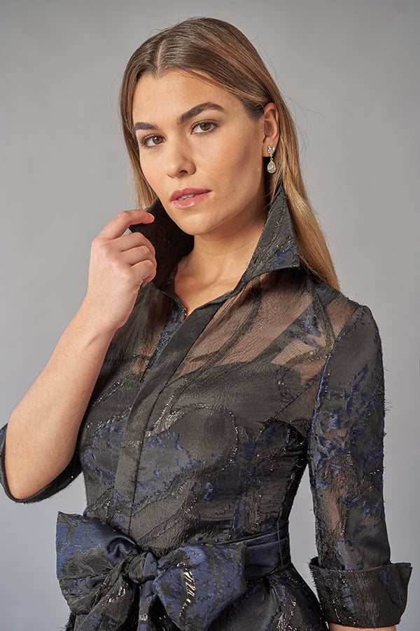Elegant Jacquard Gown with Shirt Collar Neckline and Quarter Sleeves with Cuffs