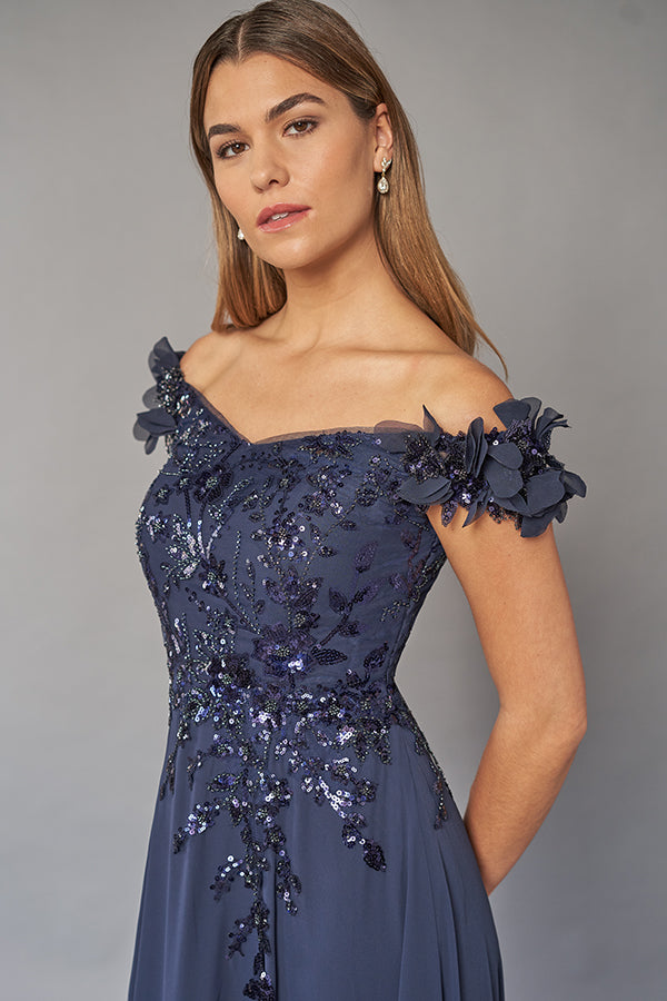 Glamorous Sequin Lace and Chiffon A-line Gown with Off-the-Shoulder Portrait Neckline and Flower Accents