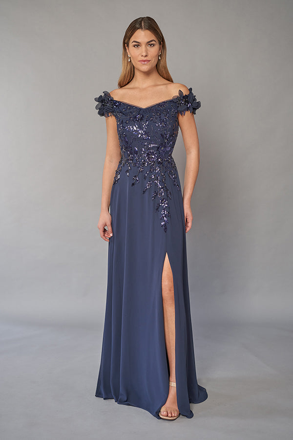 Glamorous Sequin Lace and Chiffon A-line Gown with Off-the-Shoulder Portrait Neckline and Flower Accents