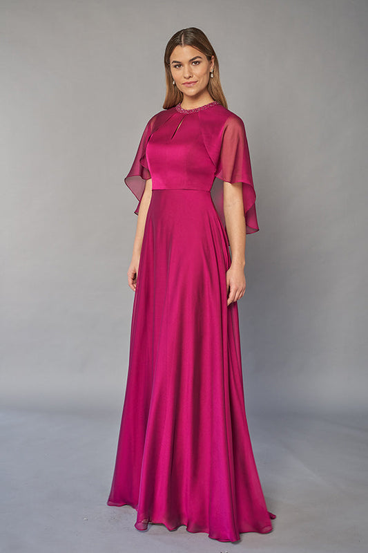 Elegant Chiffon A-line Gown with Hand-Beaded Jewel Neckline and Flowing Caplet