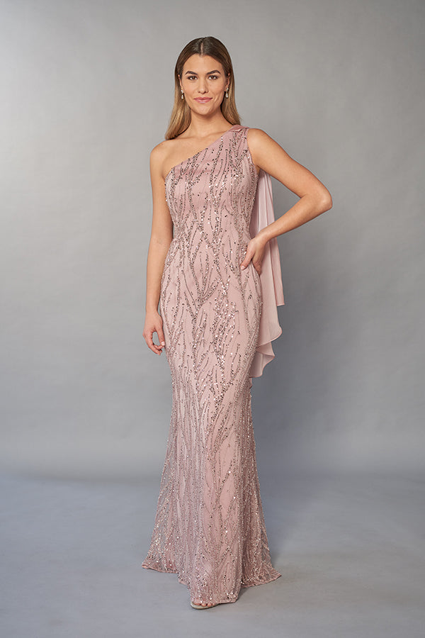 Head Turning Sequin Lace Fit and Flare Gown with One Shoulder Design and Chiffon Sash