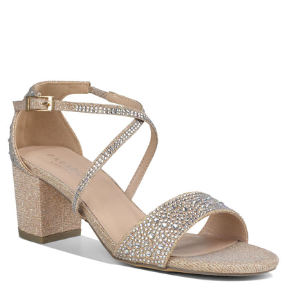 Metallic champage and rhinestone shoe with 2" block heel and criss cross straps