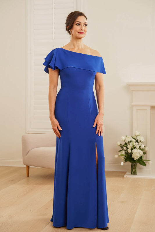 K248056 Gorgeous Stretch Soft Crepe Princess Seam Fit & Flare Gown with One Shoulder Flounce Neckline and Ruffle Effect