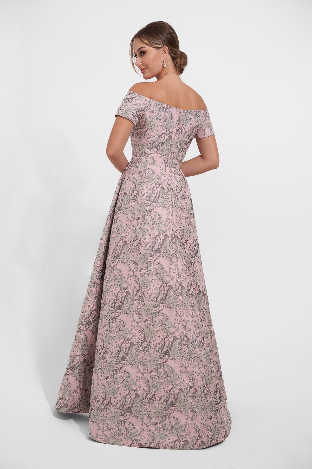 Stunning Florence Jacquard Pleated A-line Gown with Off-the-Shoulder Neckline and Cap  K278019Sleeves