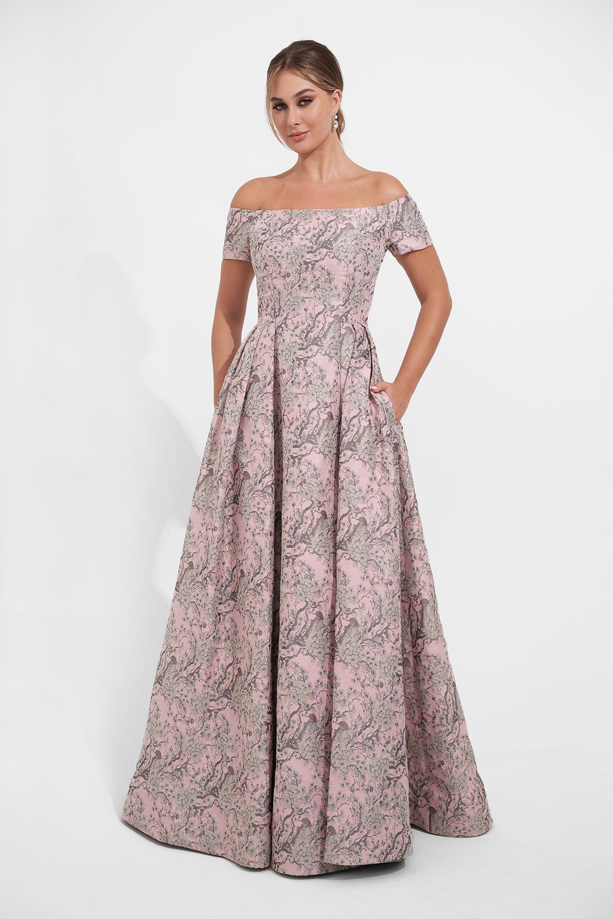 Stunning Florence Jacquard Pleated A-line Gown with Off-the-Shoulder Neckline and Cap  K278019Sleeves