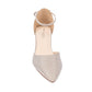 Front view of Closed toe Champagne shimmer shoe with 1.75 inch block heel